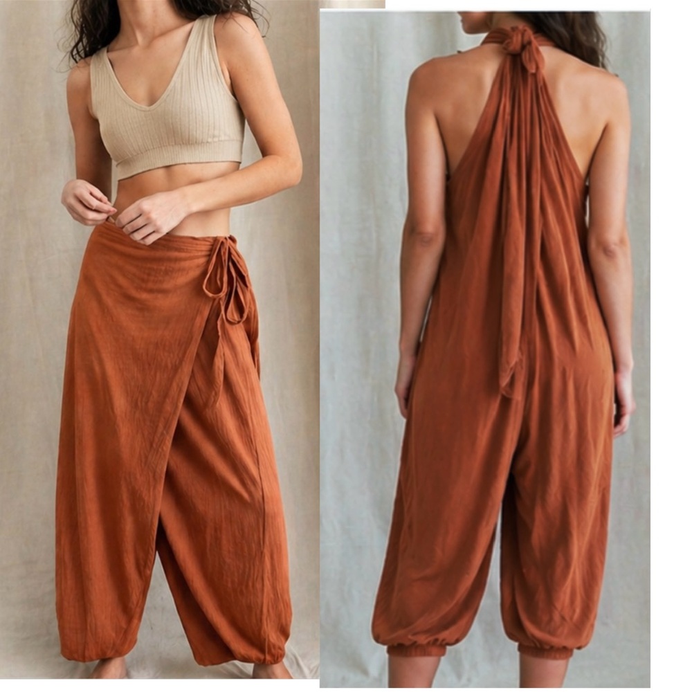 Free People Rust Brown Wrap-Front Jumpsuit